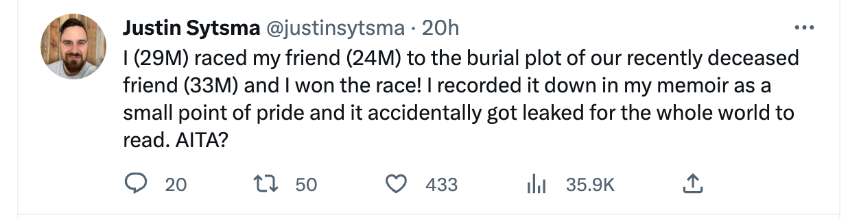 Tweet: "I (29M) raced my friend (24M) to the burial plot of our recently deceased friend (33M) and I won the race! I recorded it down in my memoir as a small point of pride and it accidentally got leaked for the whole world to read. AITA?