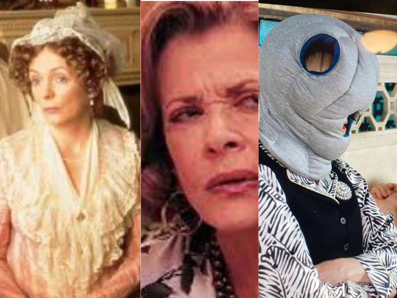 Pride & Prejudice's Mrs. Bennet (1995); Lucille Bluth looking suspicious; Moira Rose in an ostrich pillow